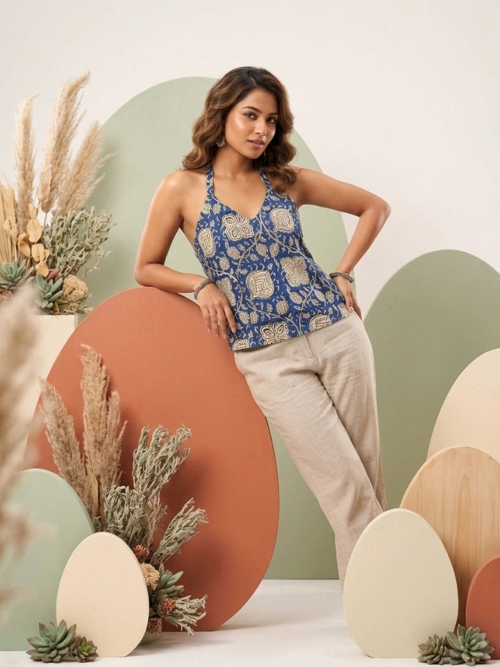 Royal Blue Kalamkari Print Pure Cotton Halter Neck Top