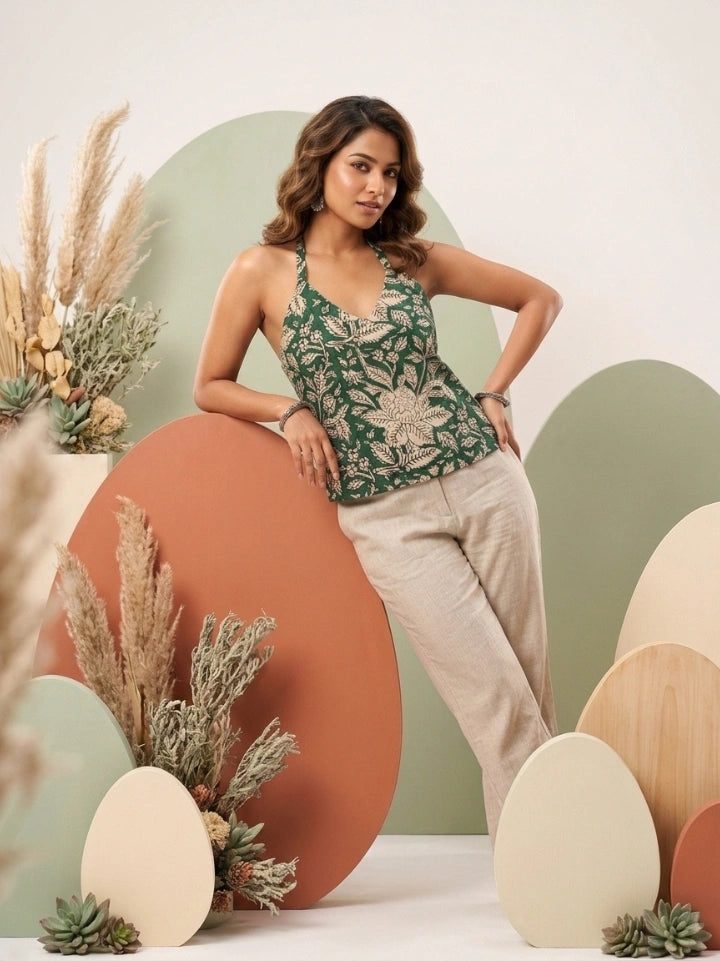 Earthy Green Kalamkari Print Pure Cotton Halter Neck Top