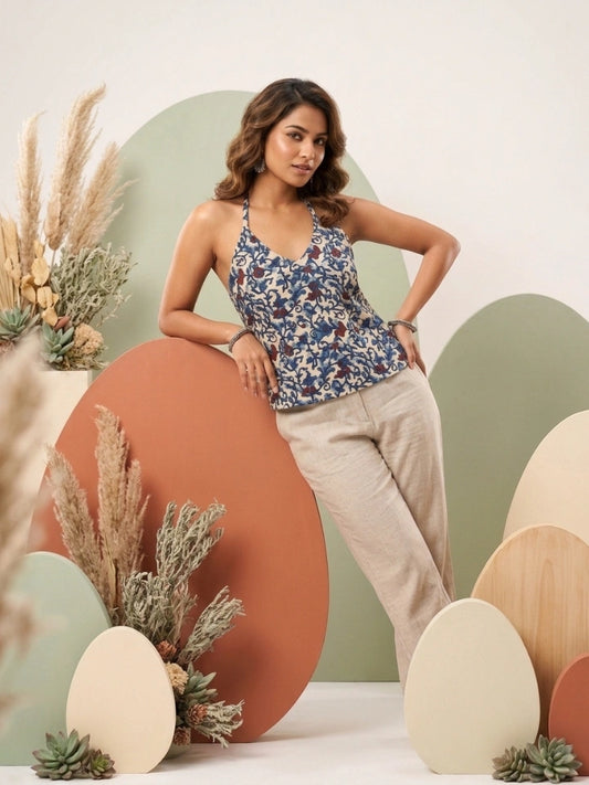 White Floral Print Pure Cotton Halter Neck Top