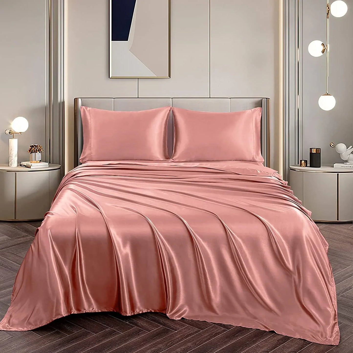 Satin Elastic Fitted Sheet & 2 Pillow Covers