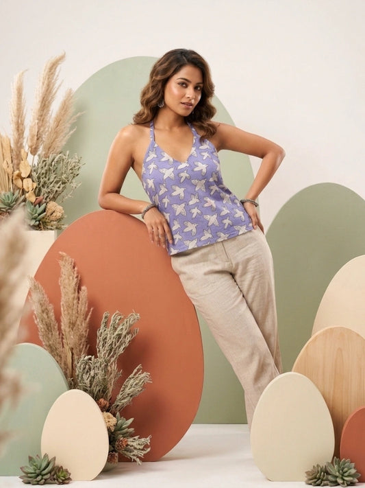 Pink Bird Print Pure Cotton Halter Neck Crop Top