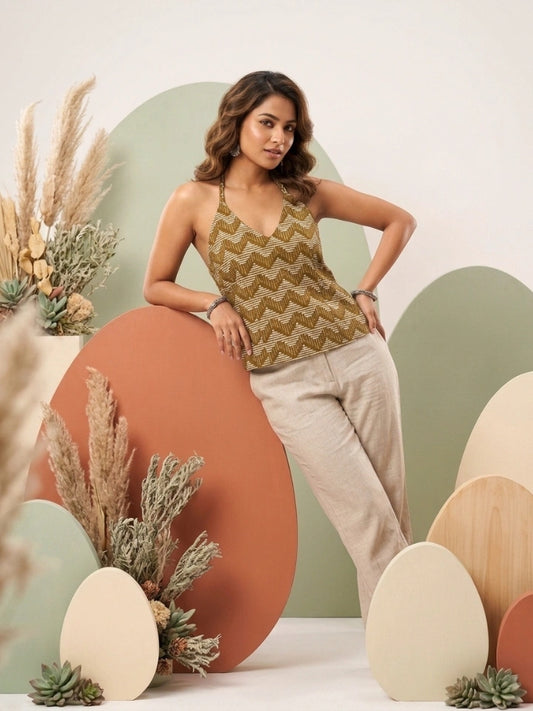 Green Zigzag Print Pure Cotton Halter Neck Crop Top