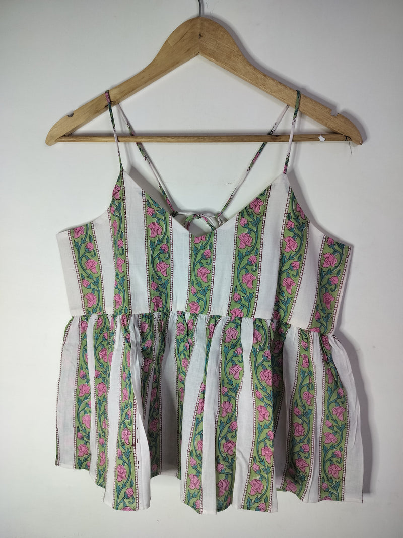 Green Garland Bloom Cotton Noodle Strap Top