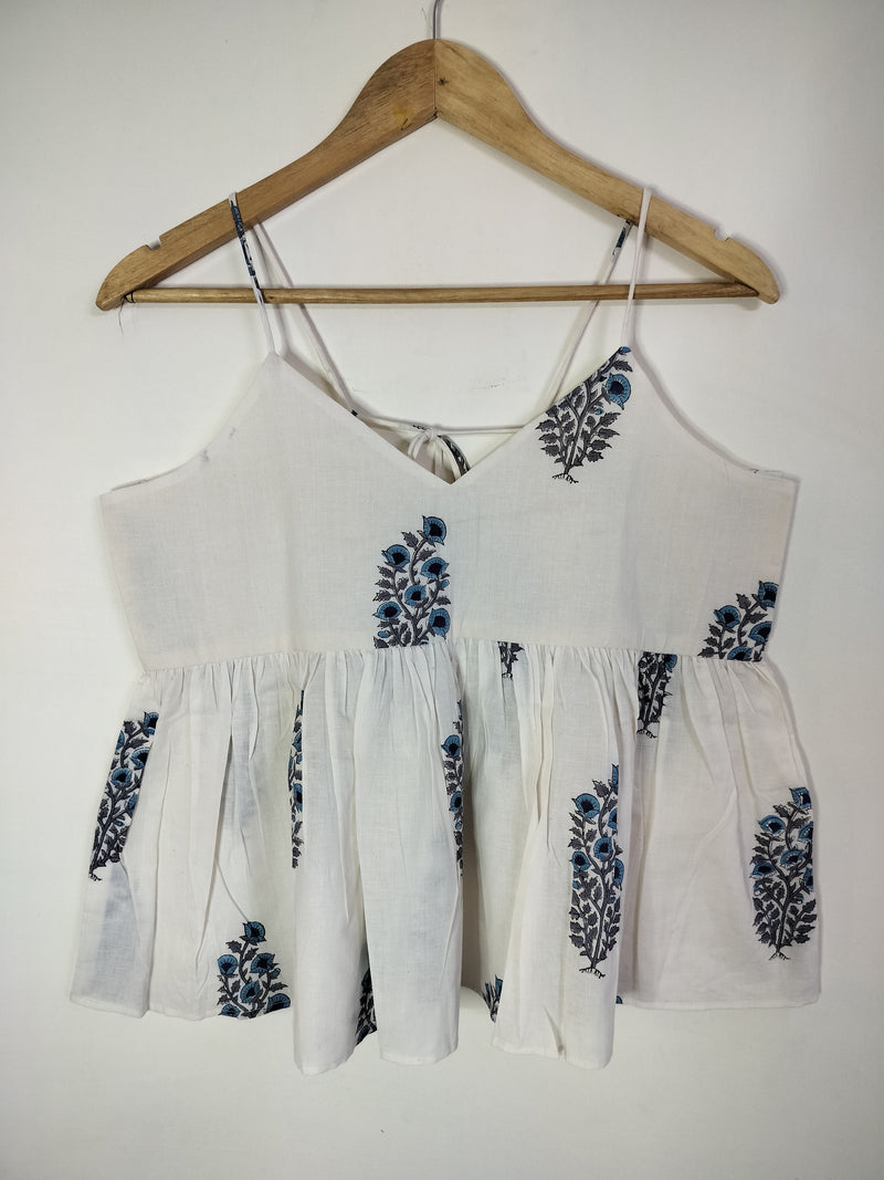 Indigo Blossom Cotton Noodle Strap Top